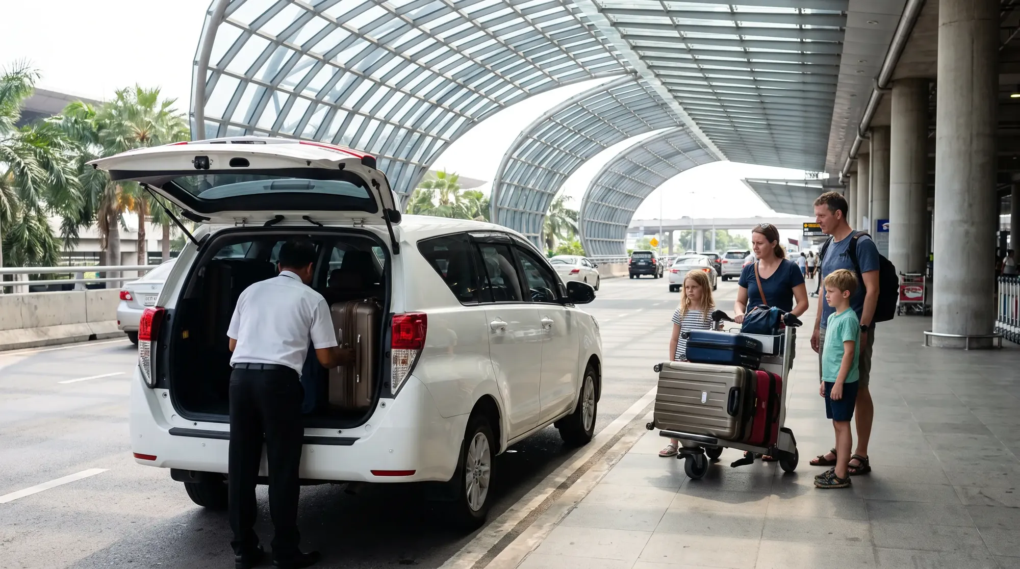 Driver loading suitcases into a white Toyota Innova at Suvarnabhumi Airport arrivals