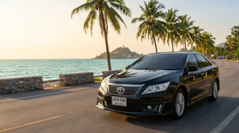 Black Toyota Camry private taxi driving along the seaside road in Hua Hin at sunset