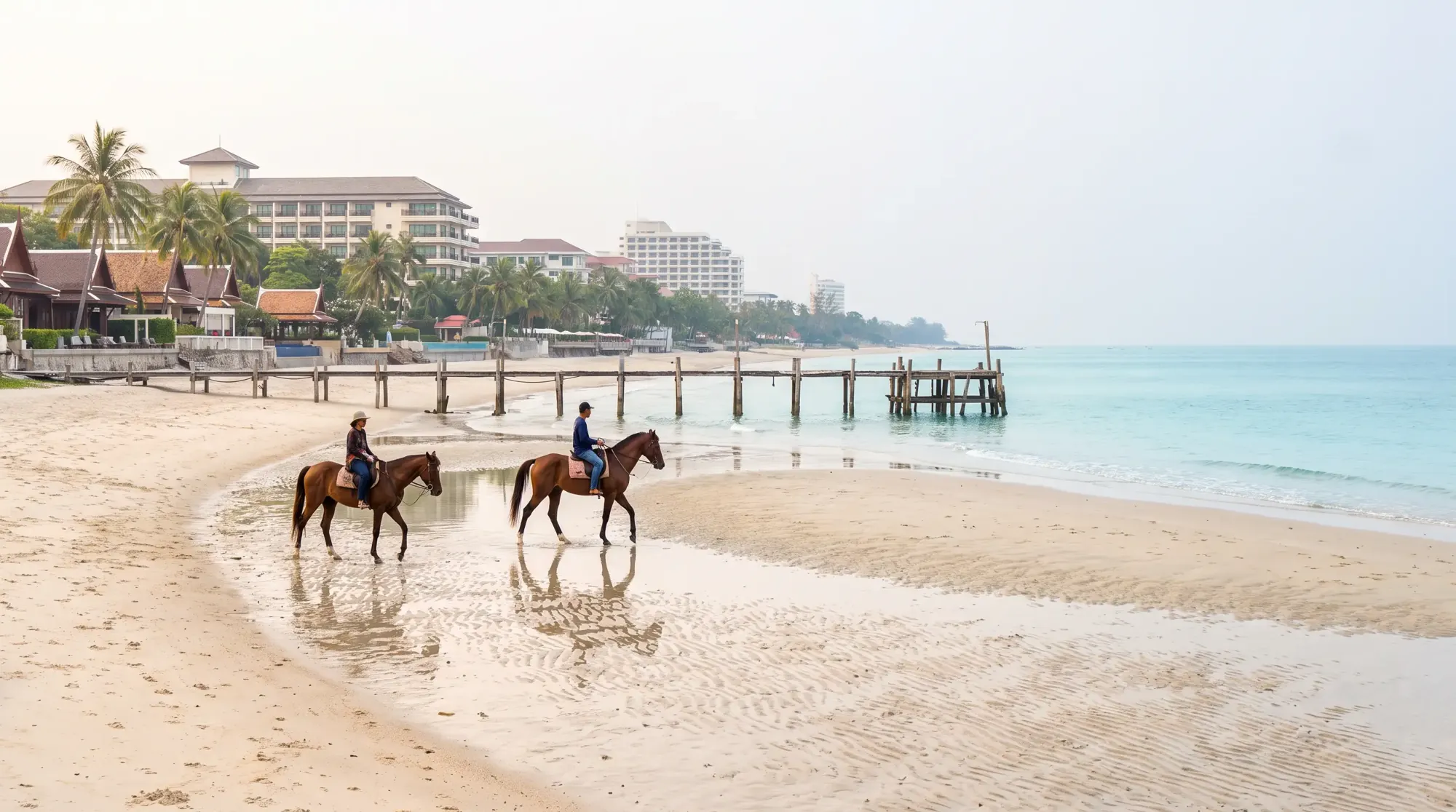 หาดหัวหิน หาดทรายยาวลาดเอียงในแสงยามเช้า สะพานปลาไม้เก่าของหัวหินและโรงแรมริมหาด