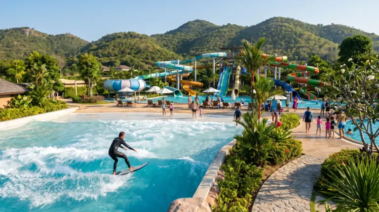 Black Mountain Water Park near Hua Hin: surf wave pool with a surfer riding an artificial wave, water slides, green hills of Black Mountain