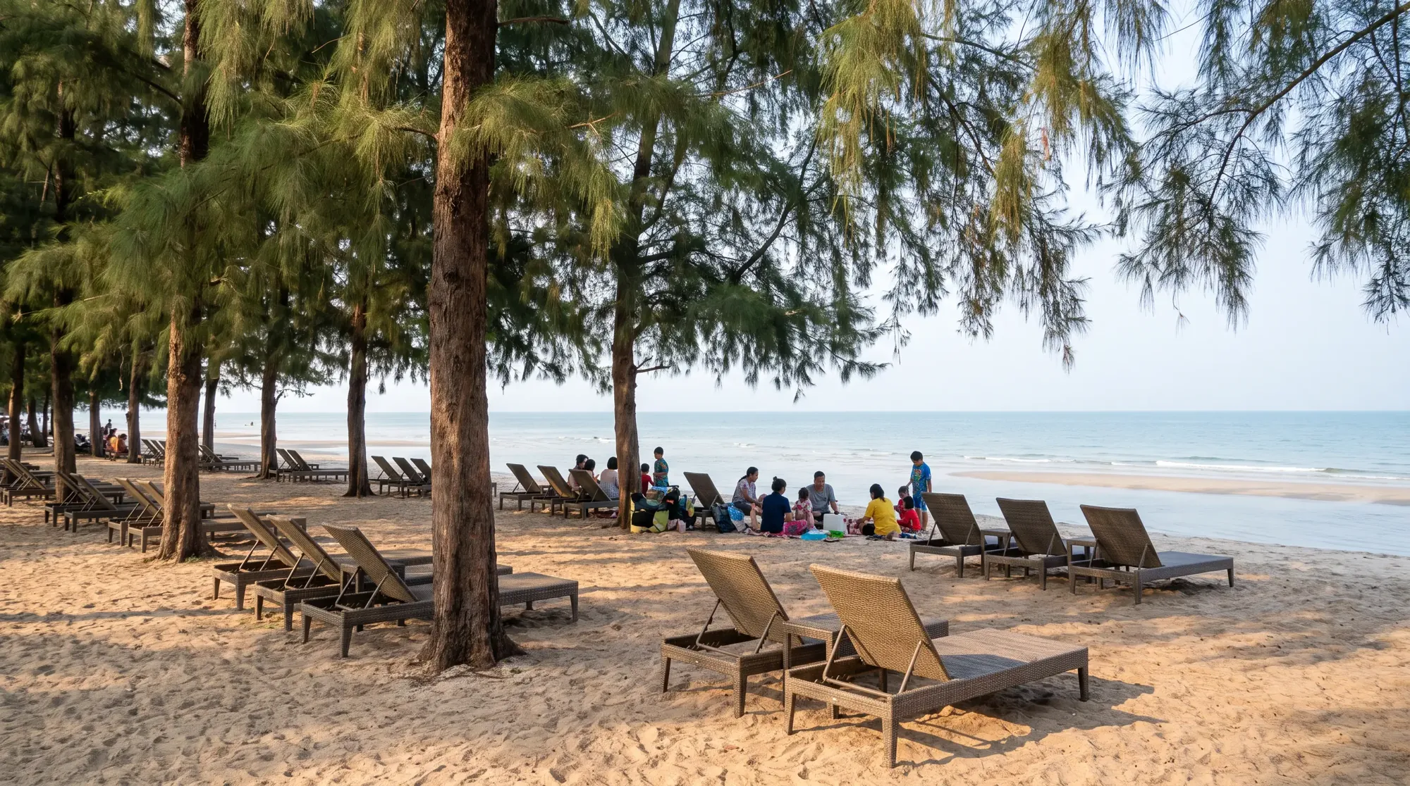 Cha-am Beach, Thailand: long beach shaded by casuarina pine trees, beach chairs under the trees, calm sea, Thai families relaxing in the dis