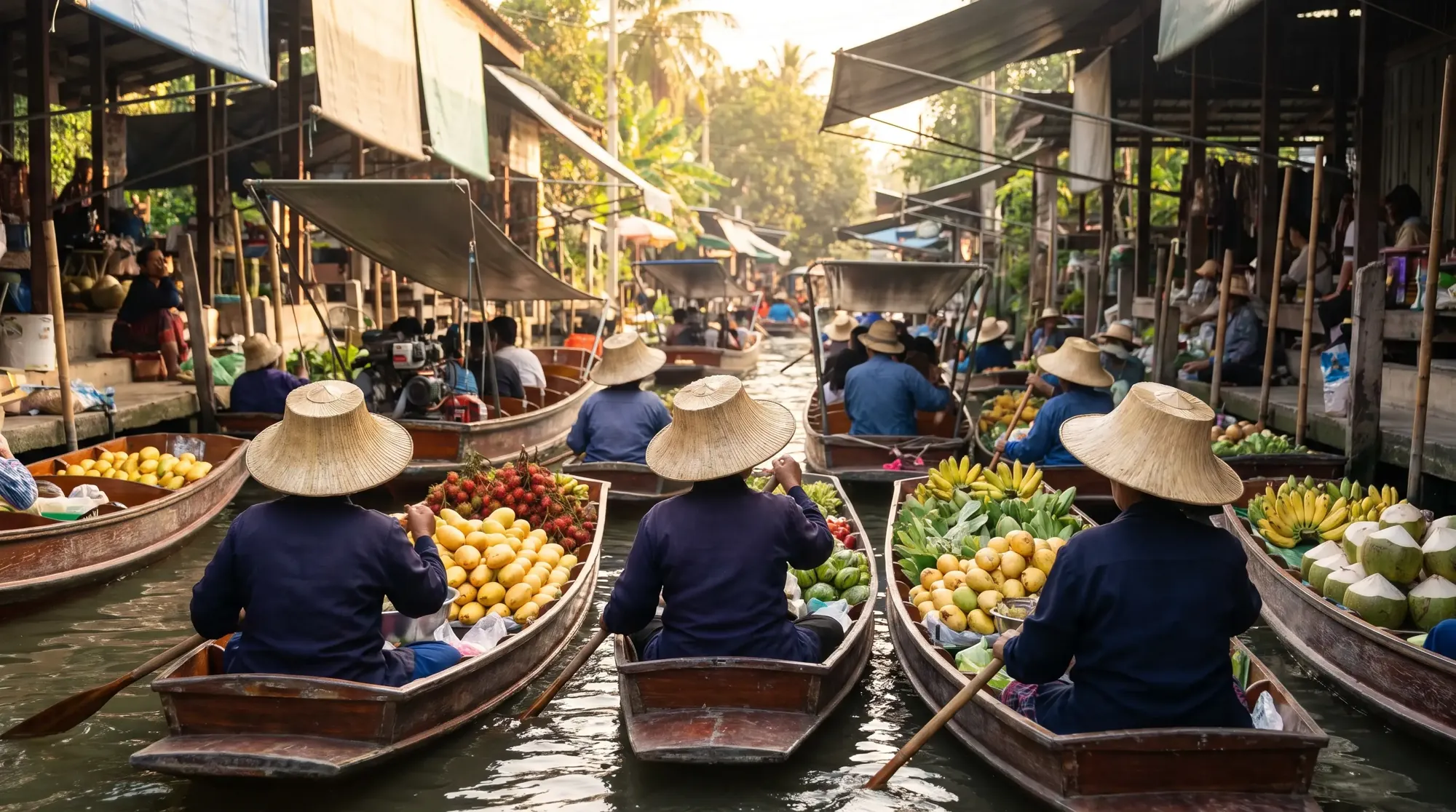 ตลาดน้ำดำเนินสะดวก เรือไม้บรรทุกผลไม้และผักเต็มลำในคลองที่คึกคัก แม่ค้าสวมงอบ