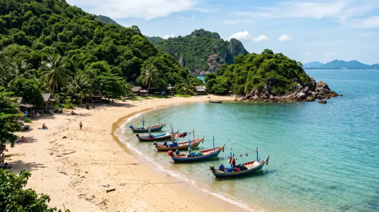Khao Tao near Hua Hin: small hidden Sai Noi beach cove with golden sand framed by green hills, clear water, small fishing boats
