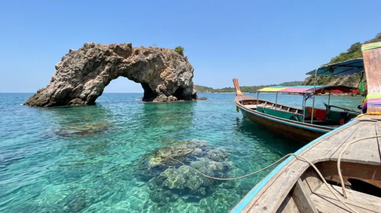 เกาะทะลุ บางสะพาน น้ำทะเลใสสีฟ้าคราม ซุ้มหินธรรมชาติ เรือหางยาวทอดสมอ มองเห็นปะการังใต้น้ำ