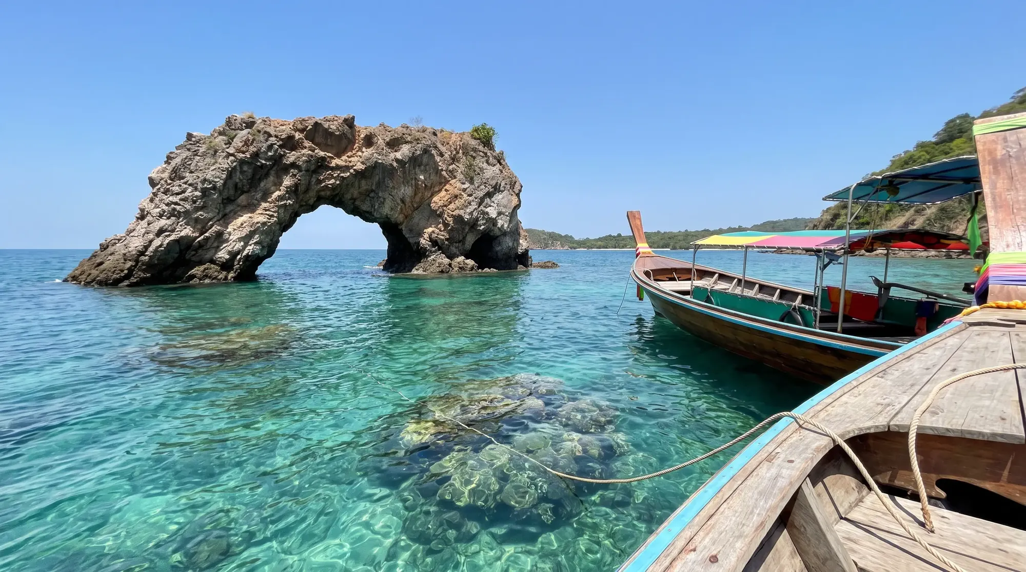 Koh Thalu island off Bang Saphan, Thailand: crystal clear turquoise water, a natural rock arch, longtail boat anchored, coral visible under