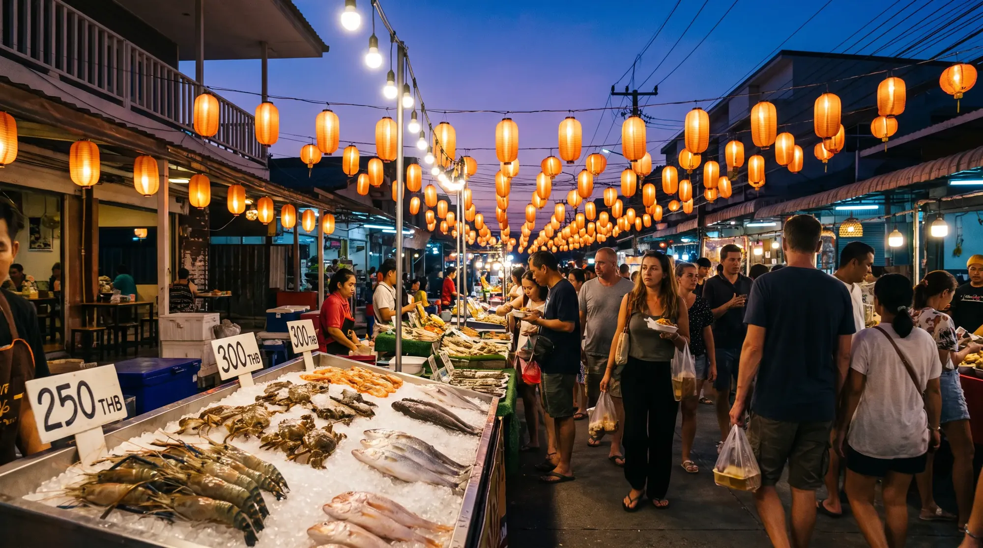 Hua Hin Night Market on Dechanuchit Road at dusk, rows of stalls with warm lights, fresh seafood displayed on ice with prawns and crabs, cro