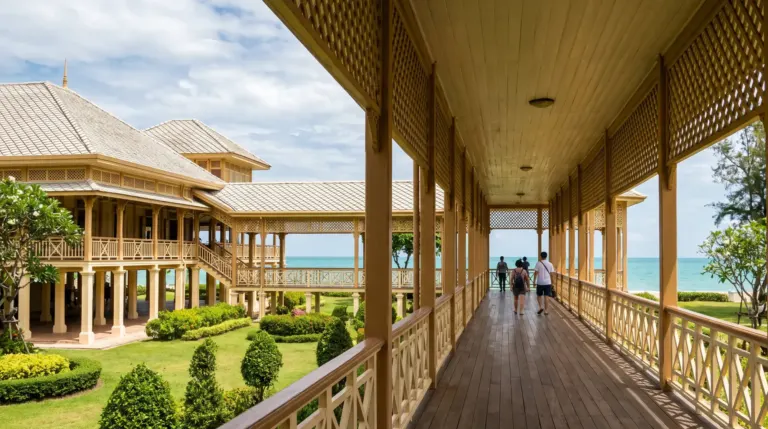 Mrigadayavan Palace near Cha-am, Thailand: golden teak wood pavilions on stilts painted cream and brown, long covered walkway leading toward