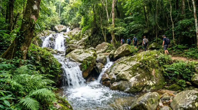 Pala-U waterfall in Kaeng Krachan National Park near Hua Hin: multi-tiered cascades flowing over rocks in lush green rainforest, clear strea