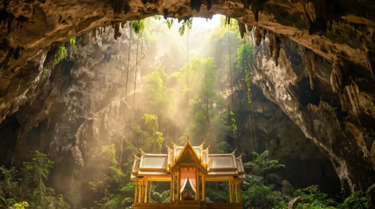 ถ้ำพระยานครในอุทยานแห่งชาติเขาสามร้อยยอด พระที่นั่งคูหาคฤหาสน์หลังคาสีทองกลางลำแสงอันงดงาม