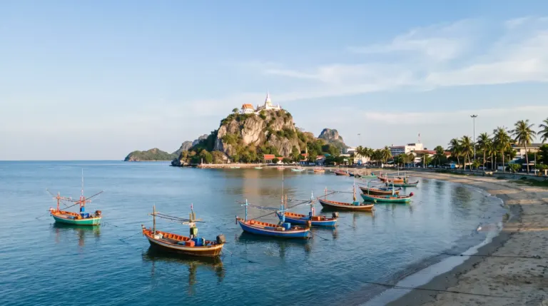 Prachuap Khiri Khan bay, Thailand: the beautiful curved Ao Prachuap bay with fishing boats, Khao Chong Krachok hill with its temple, calm bl