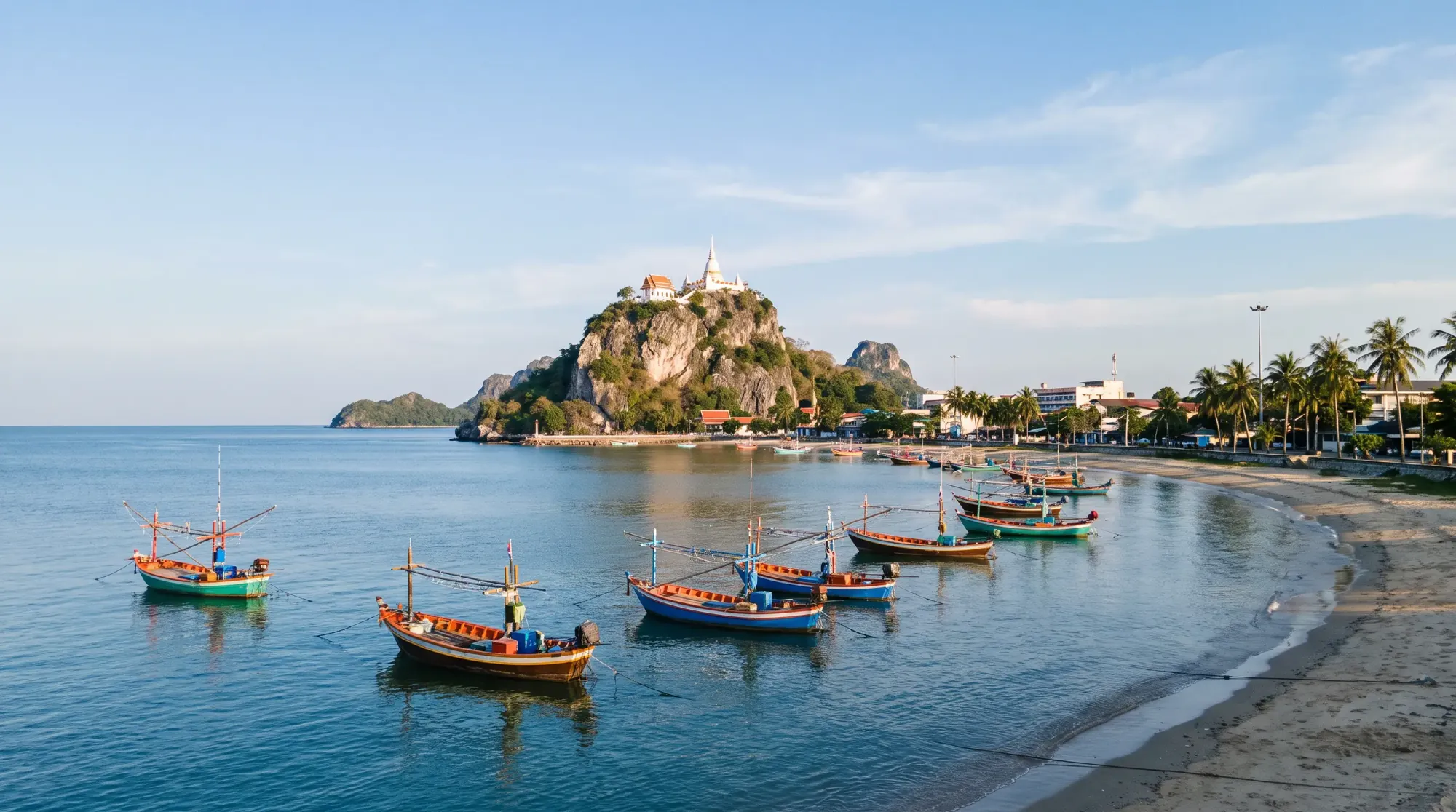 Prachuap Khiri Khan bay, Thailand: the beautiful curved Ao Prachuap bay with fishing boats, Khao Chong Krachok hill with its temple, calm bl