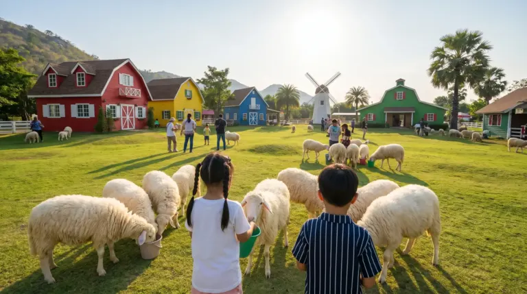 Zucata Sheep Farm in Cha-am, Thailand: colourful Swiss alpine style wooden houses, white fluffy sheep on green lawn, children feeding sheep s