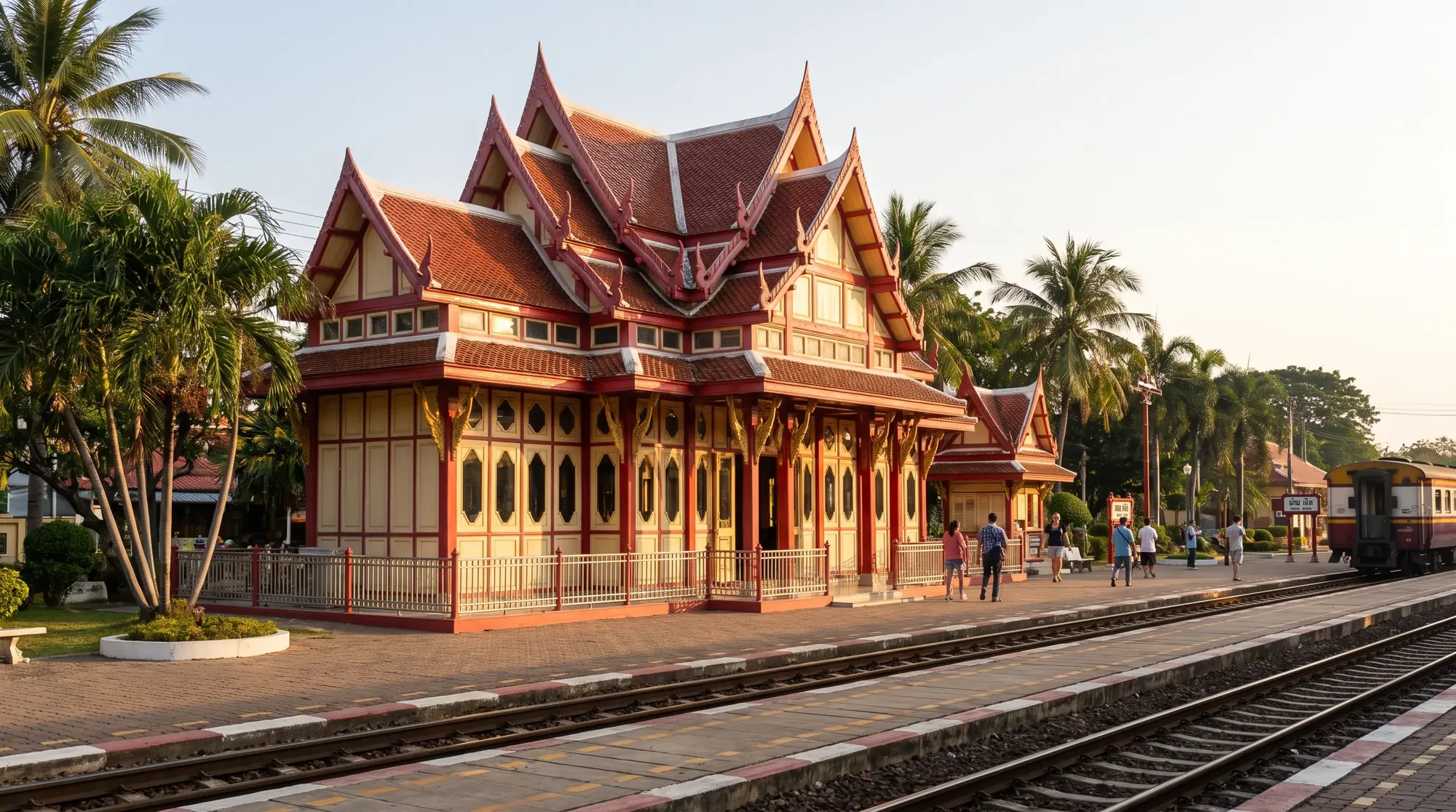 สถานีรถไฟหัวหินอันเก่าแก่ พลับพลาที่ประทับไม้สีแดงครีมหลังคาวิจิตร ชานชาลาและรางรถไฟ