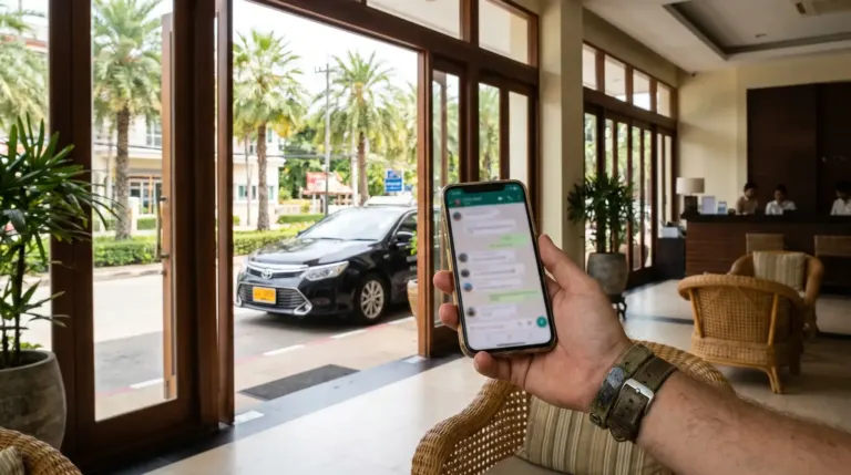 A tourist's hand holding a smartphone showing a WhatsApp-style chat at a Hua Hin hotel lobby, a black taxi visible through the glass doors o