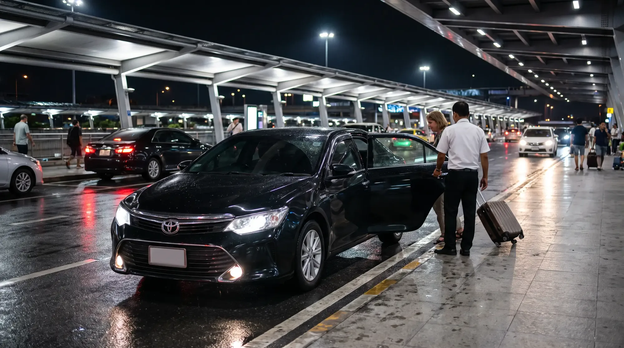 Night airport pickup at Suvarnabhumi Airport, Bangkok: a black Toyota Camry waiting at the arrivals curb under bright terminal lights, a Tha
